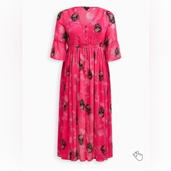 TORRID CHIFFON MAXI DRESS - SKULL PINK NWT - Picture 1 of 14